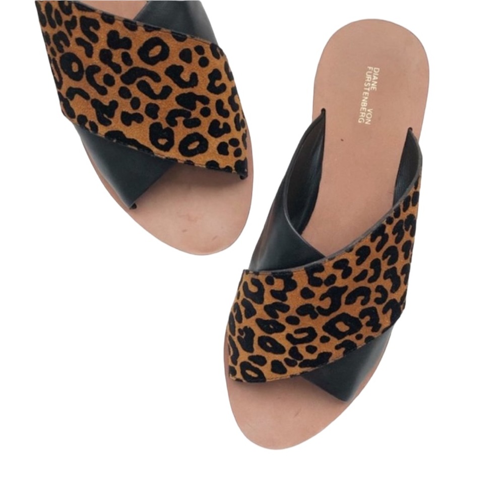 New DVF Bailie Suede Leather Leopard Sandal Brown Black Sz 6.5